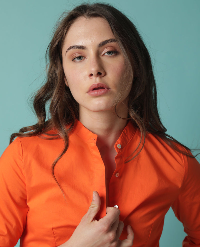Rareism Women'S Tips Orange Cotton Fabric 3/4Th Sleeves Button Closure Mandarin Collar Regular Fit Plain Top