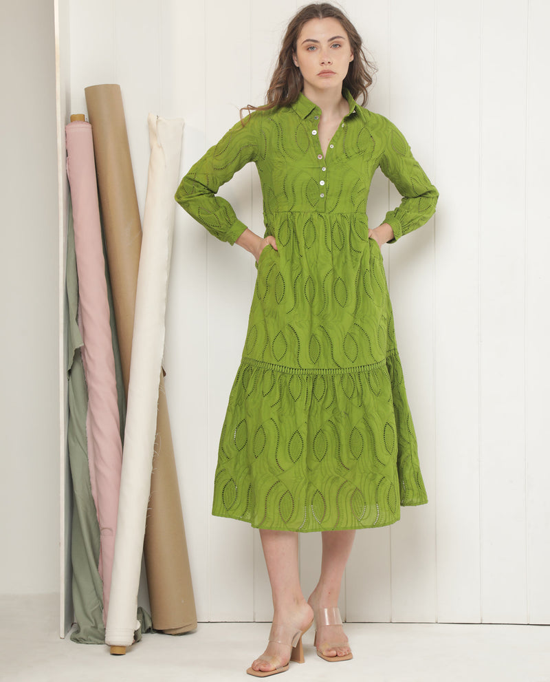 Rareism Women'S Darcy Green Cotton Fabric Full Sleeves Button Closure Shirt Collar Slim Fit Schiffili Knee Length Empire Dress