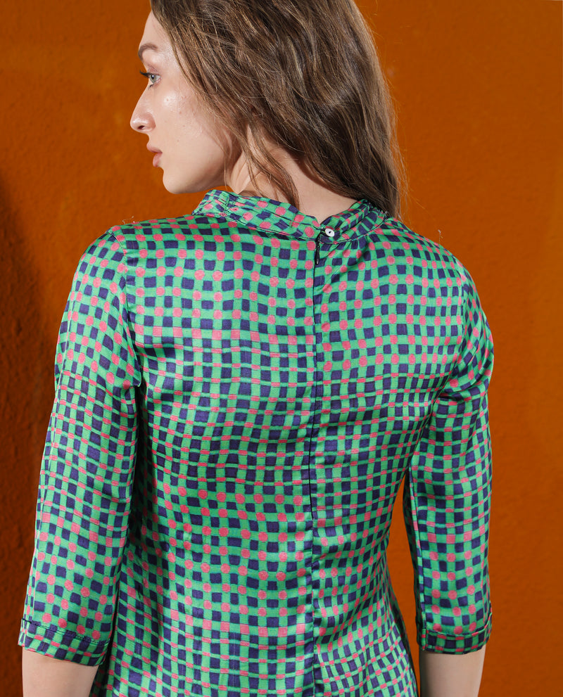 Rareism Women'S Gleam Green Polyester Fabric 3/4Th Sleeves Zip Closure High Neck Regular Fit Geometric Print Knee Length Asymmetric Dress