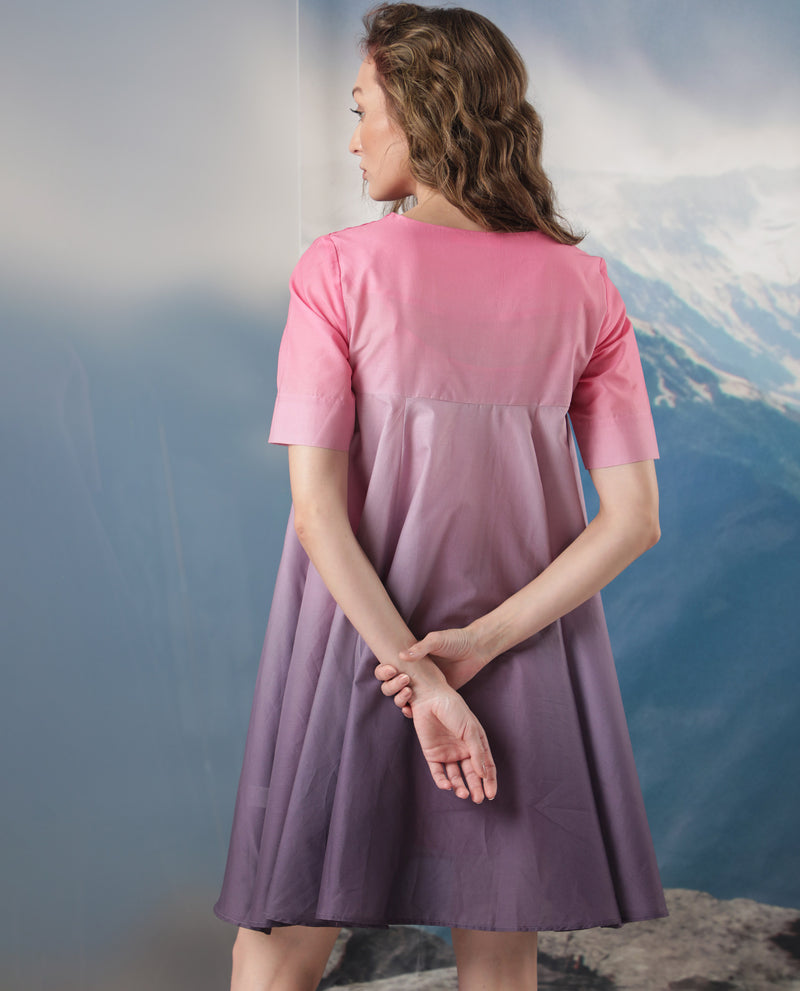 Rareism Women'S Celine Purple Cotton Fabric Short Sleeves Over Lap Flared Fit Ombre Knee Length Empire Dress