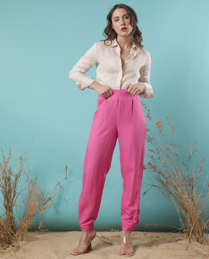 Rareism Women'S Erin Flouroscent Pink Modal Linen Fabric Tailored Fit Mid Rise Solid Ankle Length Trousers
