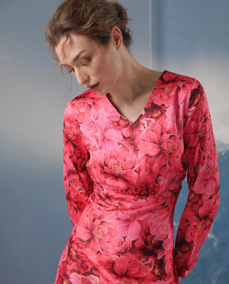 Rareism Women'S Merlot Maroon Cotton Fabric Full Sleeves V-Neck Regular Fit Floral Print Maxi Empire Dress