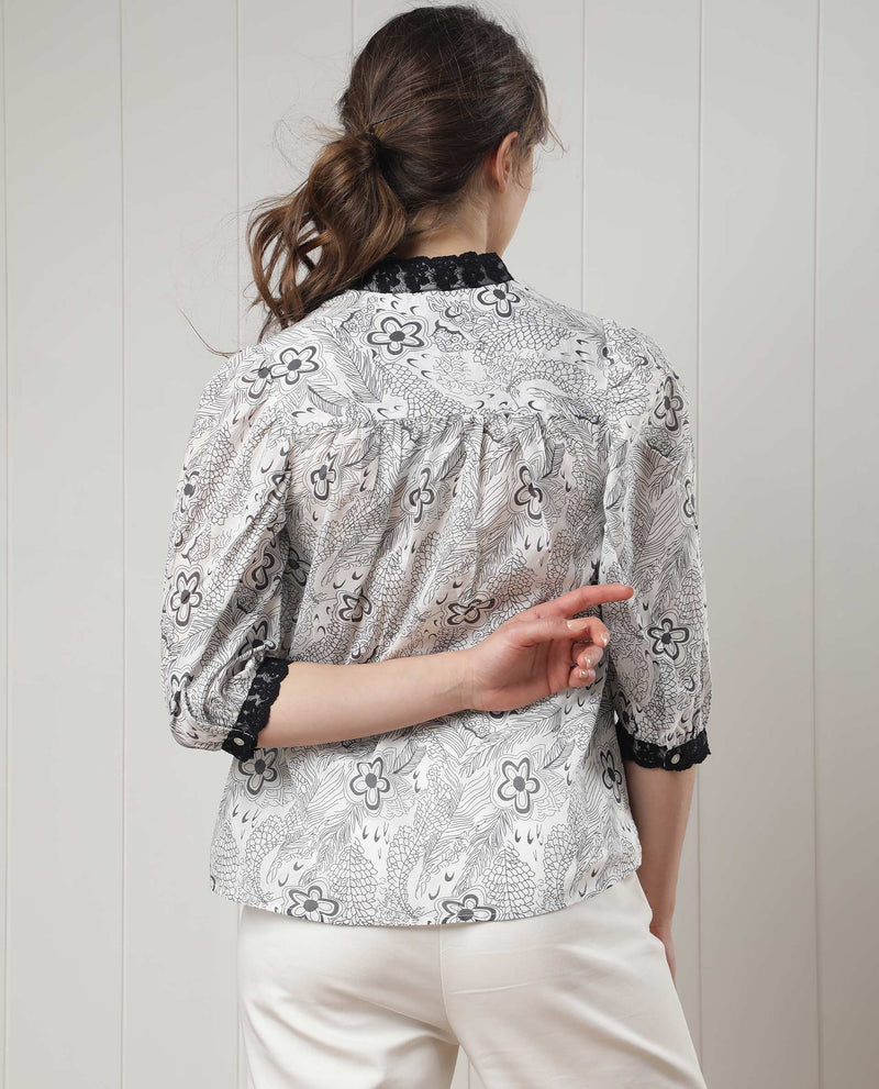 Rareism Women'S Museo White Cotton Fabric 3/4Th Sleeves Button Closure Mandarin Collar Puff Sleeve Regular Fit Floral Print Top