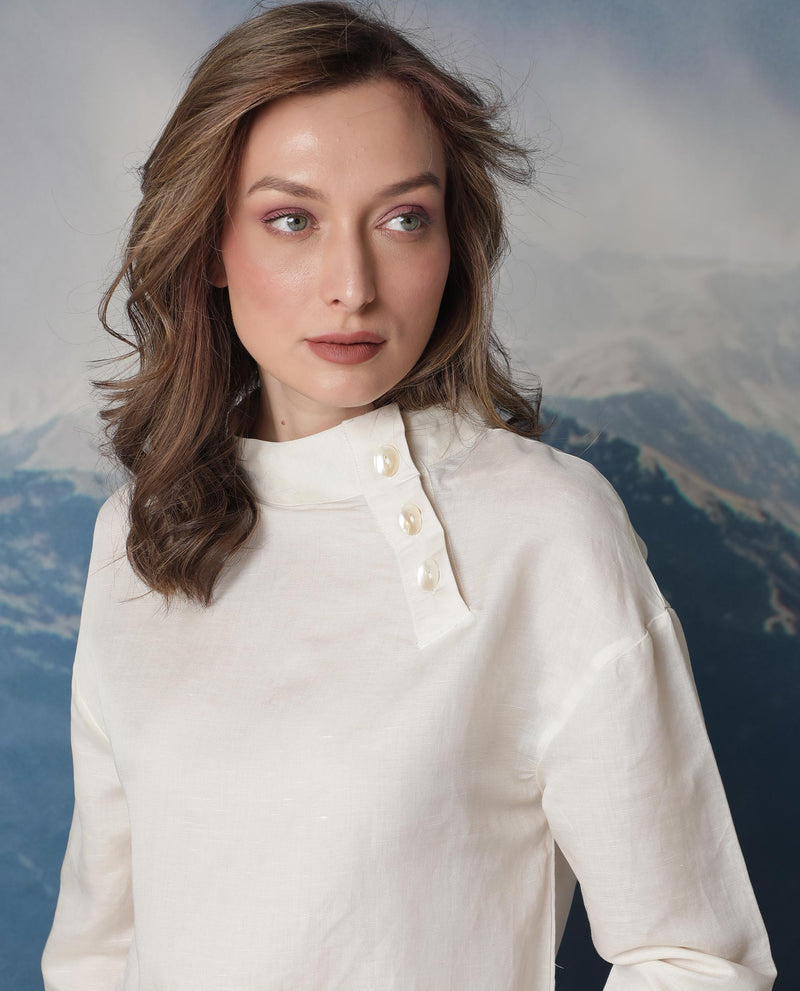 Rareism Women'S Gourmet Beige Modal Linen Fabric Full Sleeves Button Closure High Neck Relaxed Fit Plain Top