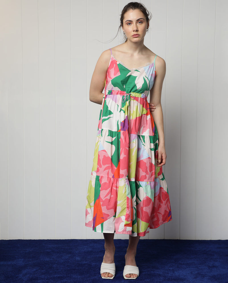 Rareism Women'S Grace Multi Cotton Fabric Sleeveless V-Neck Shoulder Straps Regular Fit Floral Print Knee Length Tiered Dress