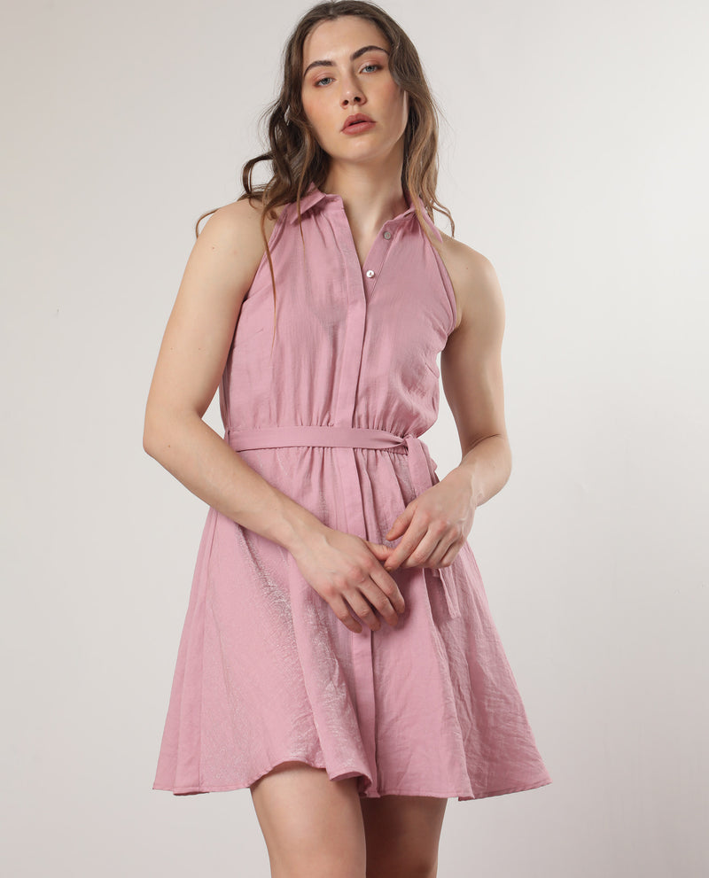 Rareism Women'S Mistletoe Metallic Pink Rayon Nylon Fabric Button Closure Shirt Collar Sleeveless Regular Fit Plain Knee Length Boxy Dress