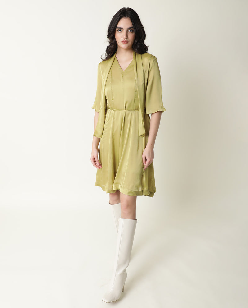 Rareism Women'S Skrill Green V Neck With Tie Up Flared Sleeves Mini Dress