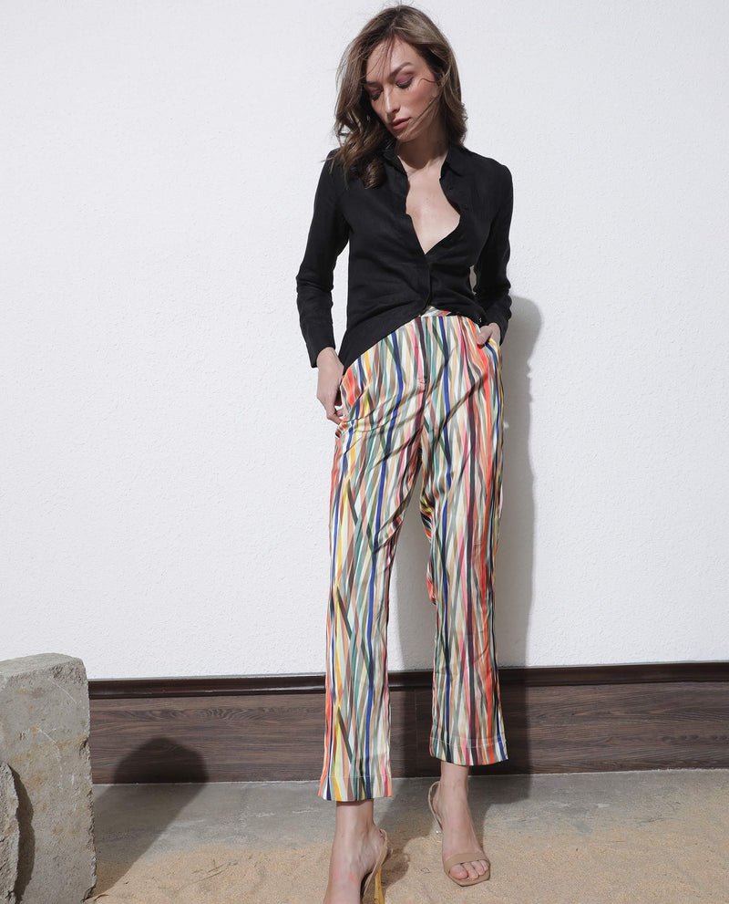 Rareism Women'S Ransom Multi Modal Fabric Tailored Fit Mid Rise Striped Ankle Length Trousers