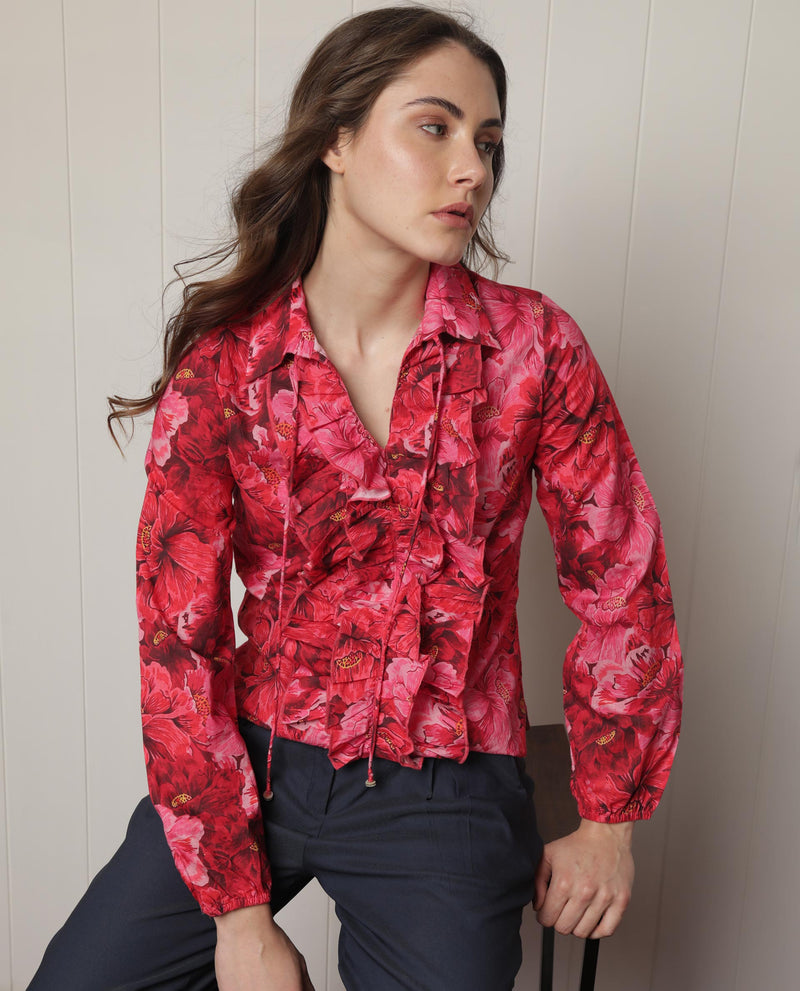 FLORAL PRINT RUFFLE SHIRT WITH COLLAR AND TIE-UP
