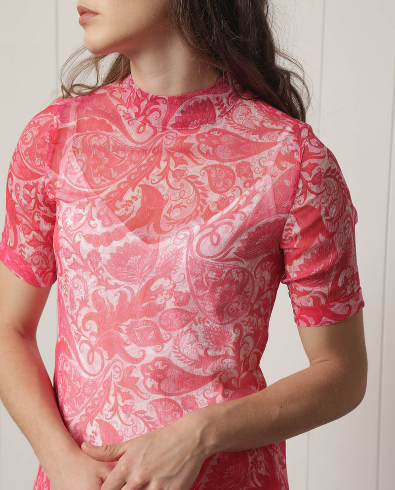Rareism Women'S Beryl Pink Polyester Fabric Short Sleeves Zip Closure High Neck Regular Fit Abstract Print Knee Length Boxy Dress