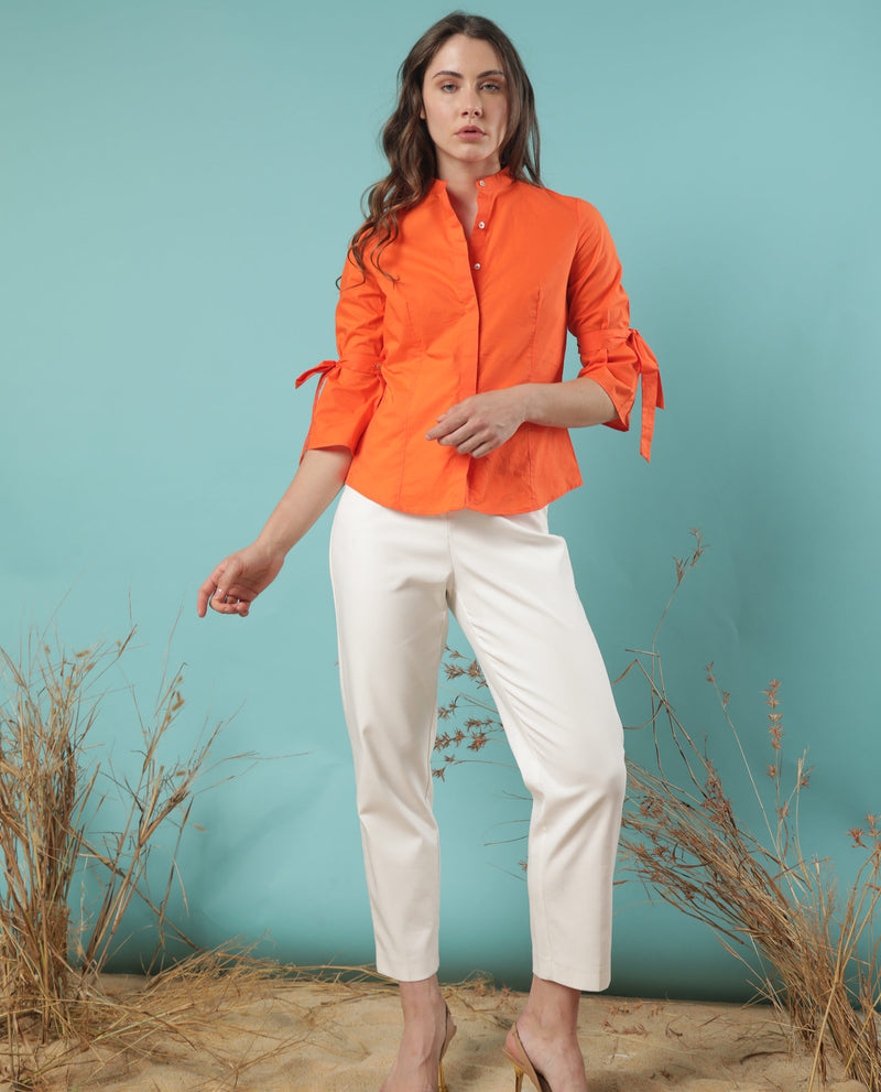 Rareism Women'S Tips Orange Cotton Fabric 3/4Th Sleeves Button Closure Mandarin Collar Regular Fit Plain Top