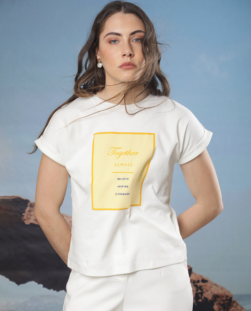 Rareism Women'S Ira White Cotton Fabric Short Sleeves Crew Neck Regular Fit Graphic Print T-Shirt