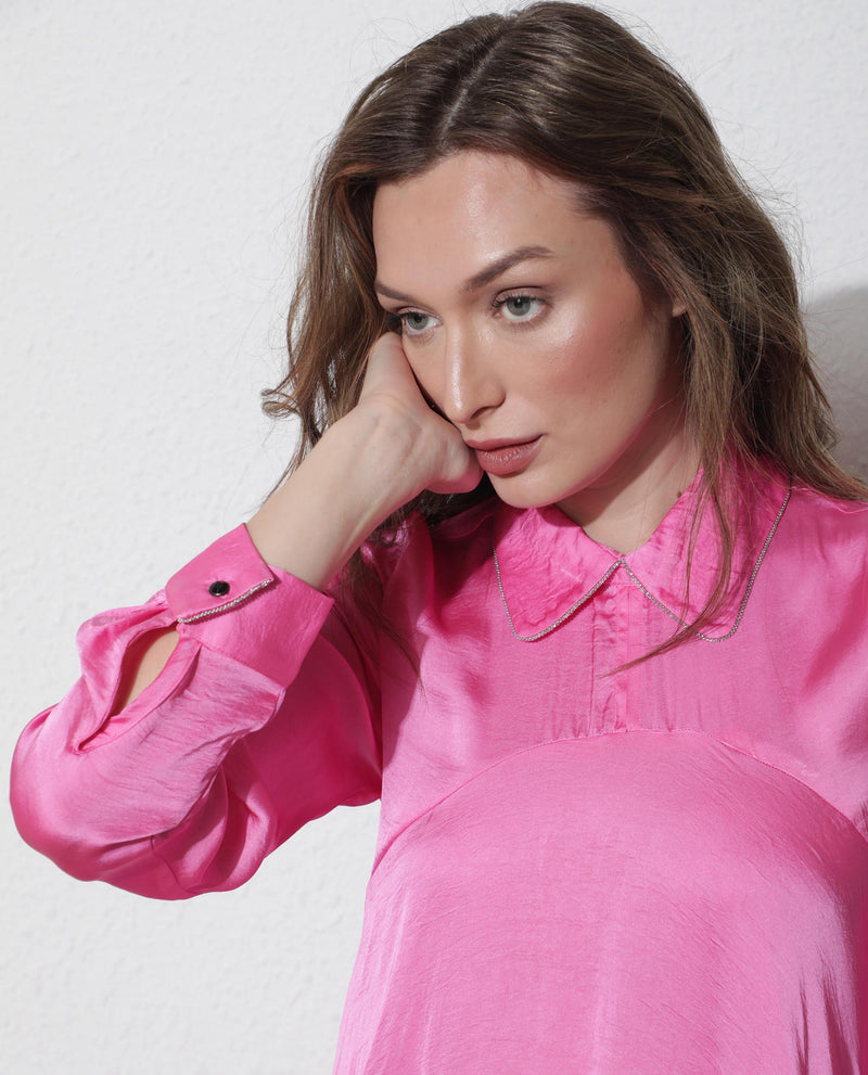 Rareism Women'S Galaxyy Fluorescent Pink Modal Fabric Full Sleeves Zip Closure Shirt Collar Regular Fit Plain Maxi Asymmetric Dress