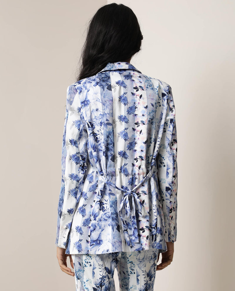 Rareism Women'S Shabella Light Blue Polyester Fabric Full Sleeves Button Closure Lapel Neck Tailored Fit Floral Print Blazer