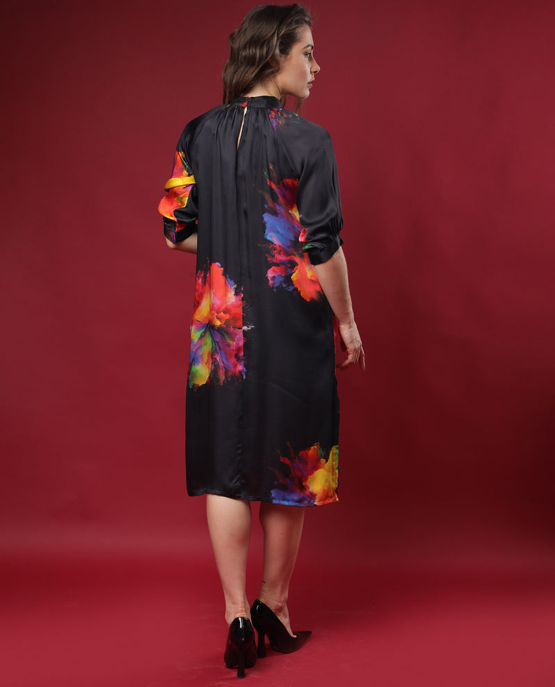 Rareism Women'S Jovi Black Floral Print High Neck Half Sleeves Back Button Closure With Pockets Knee Length Dress