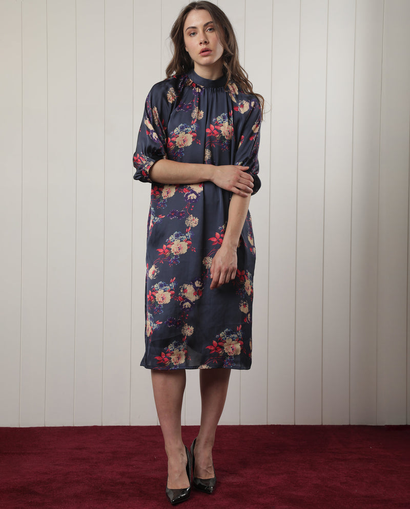 Rareism Women'S Clem Navy Polyester Fabric 3/4Th Sleeves High Neck Volume Sleeve Relaxed Fit Floral Print Knee Length Boxy Dress