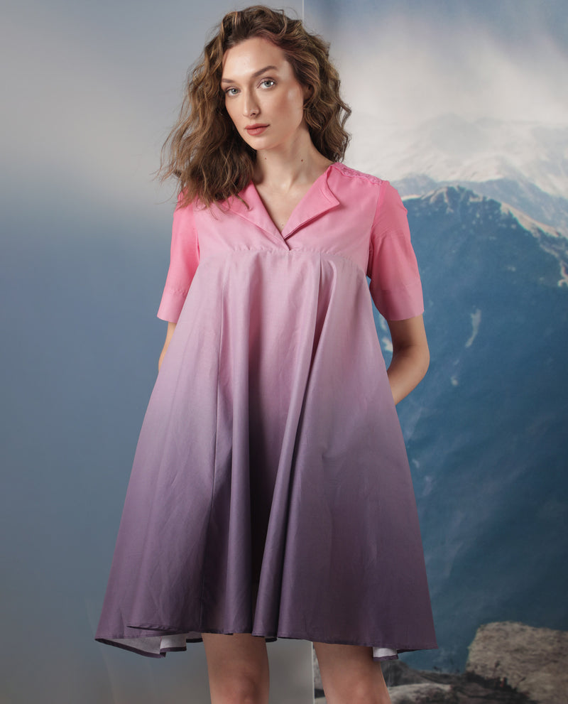 Rareism Women'S Celine Purple Cotton Fabric Short Sleeves Over Lap Flared Fit Ombre Knee Length Empire Dress