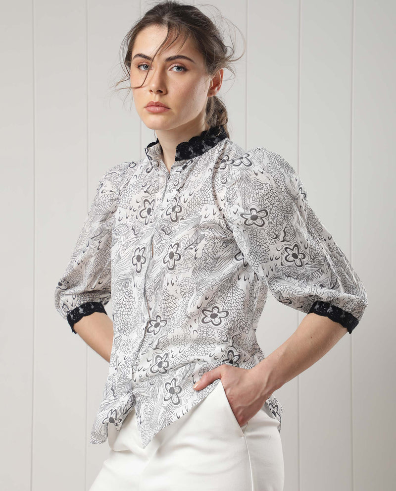 Rareism Women'S Museo White Cotton Fabric 3/4Th Sleeves Button Closure Mandarin Collar Puff Sleeve Regular Fit Floral Print Top