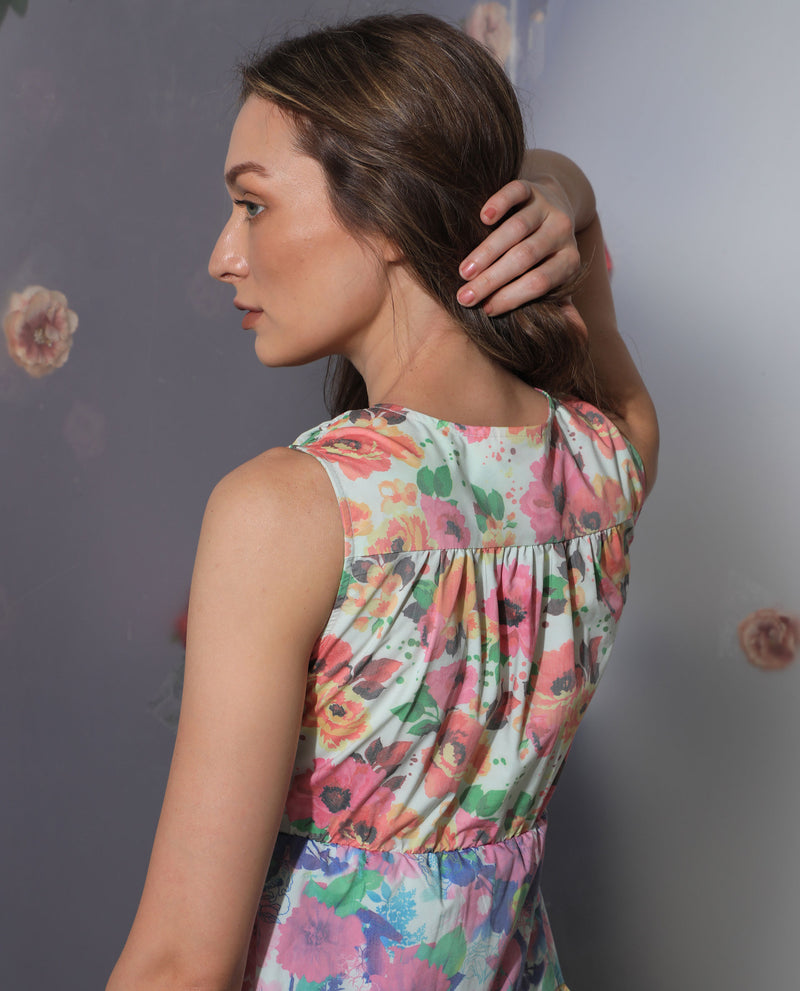 Rareism Women'S Carys Multi Polyester Fabric Sleeveless Key Hole Neck Regular Fit Floral Print Knee Length Tiered Dress
