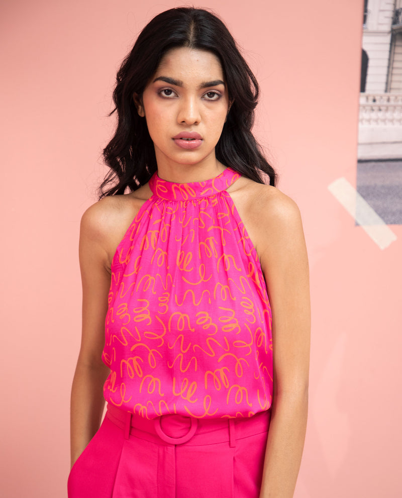 Rareism Womens Meet Pink Top Modal Fabric Regular Fit Sleeveless Halter Neck