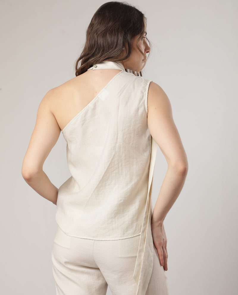 Rareism Women'S Urale Beige Rayon Nylon Fabric Slim Fit  Halter Neck Off Shoulder Solid Top