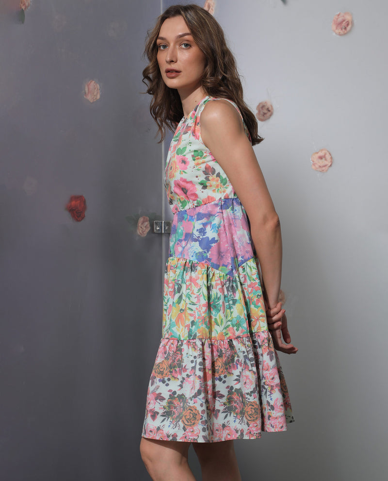 Rareism Women'S Carys Multi Polyester Fabric Sleeveless Key Hole Neck Regular Fit Floral Print Knee Length Tiered Dress