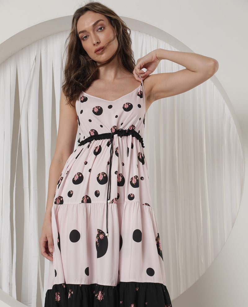 Rareism Women'S Lavandula Light Pink Polyester Fabric Sleeveless Shoulder Straps Relaxed Fit Polka Midi Tiered Dress