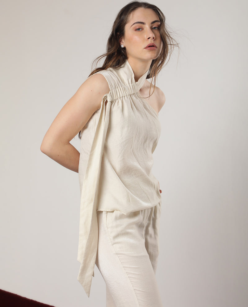 Rareism Women'S Urale Beige Rayon Nylon Fabric Slim Fit  Halter Neck Off Shoulder Solid Top