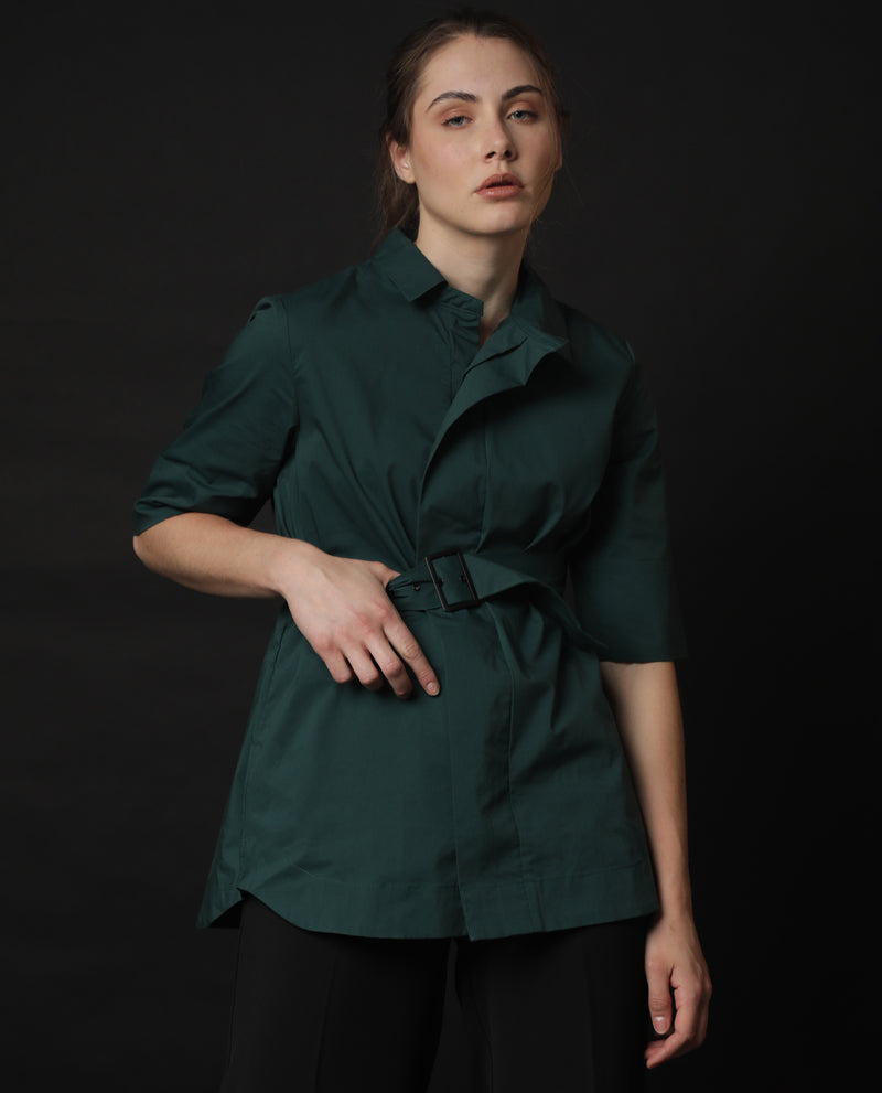 Rareism Women'S Cisco Dusky Green Cotton Lycra Fabric Short Sleeves Shirt Collar Regular Fit Plain Knee Length Top