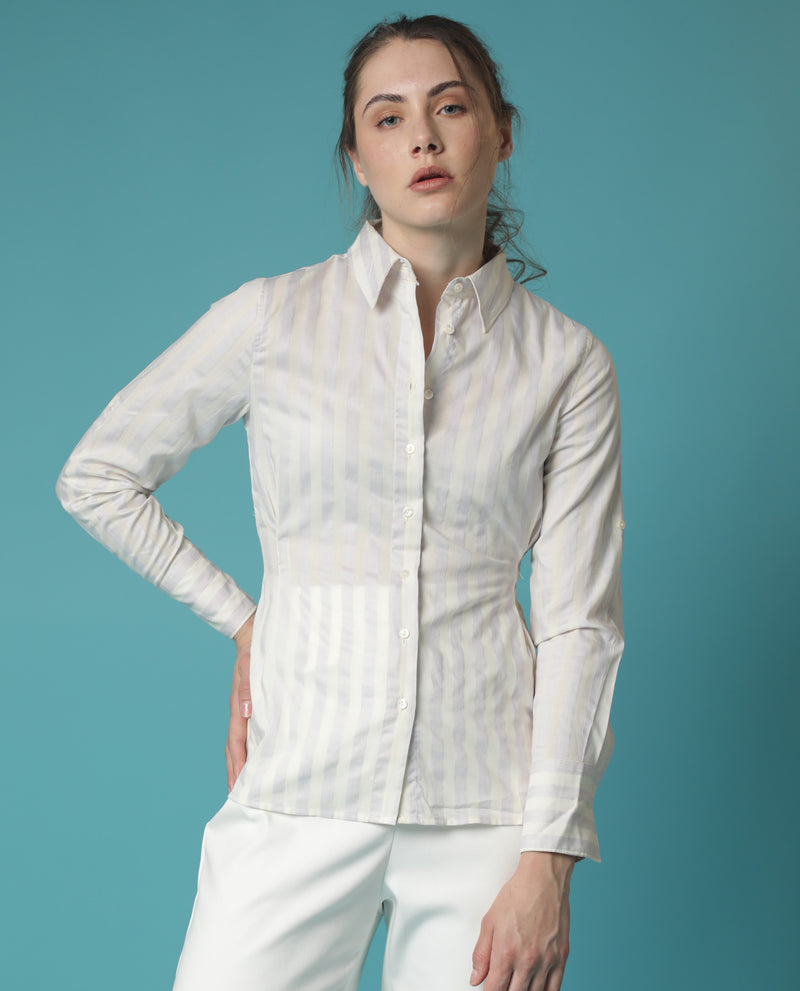 Rareism Women'S Pickle Yellow Cotton Fabric Regular Fit Shirt Collar Full Sleeves Striped Top