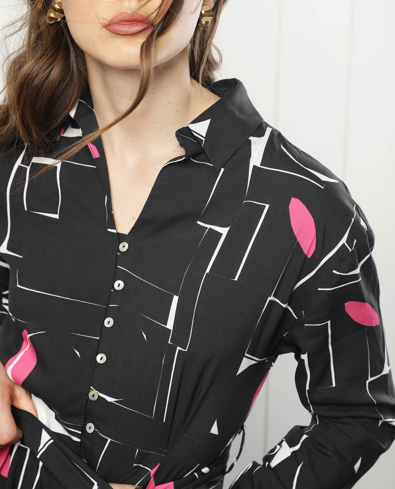 Rareism Women'S Ortiz Black Cotton Fabric Full Sleeves Button Closure Drop Collar Regular Fit Abstract Print Short Empire Dress
