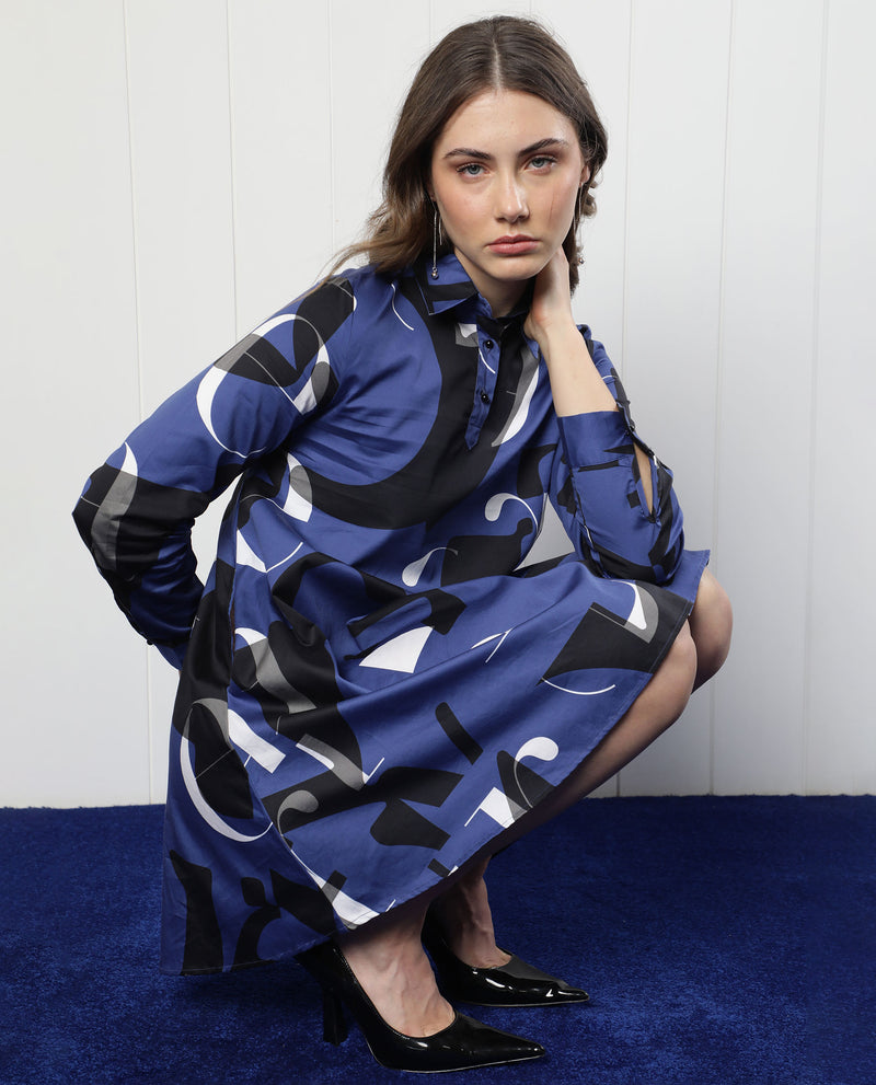 Rareism Women'S Macie Blue Cotton Fabric Full Sleeves Button Closure Mandarin Collar Regular Fit Graphic Print Knee Length Boxy Dress