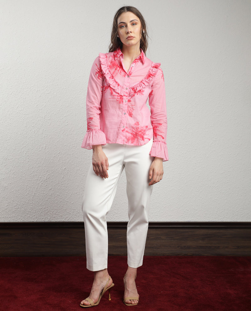 Rareism Women'S Lenora Light Pink Cotton Fabric Full Sleeves Button Closure Shirt Collar Ruffled Sleeves Regular Fit Floral Print Top