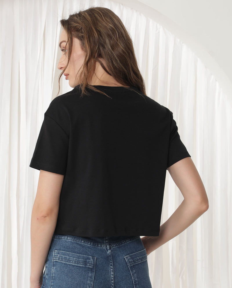 Rareism Women'S Ictor Black Cotton Fabric Short Sleeves Crew Neck Regular Fit Graphic Print T-Shirt