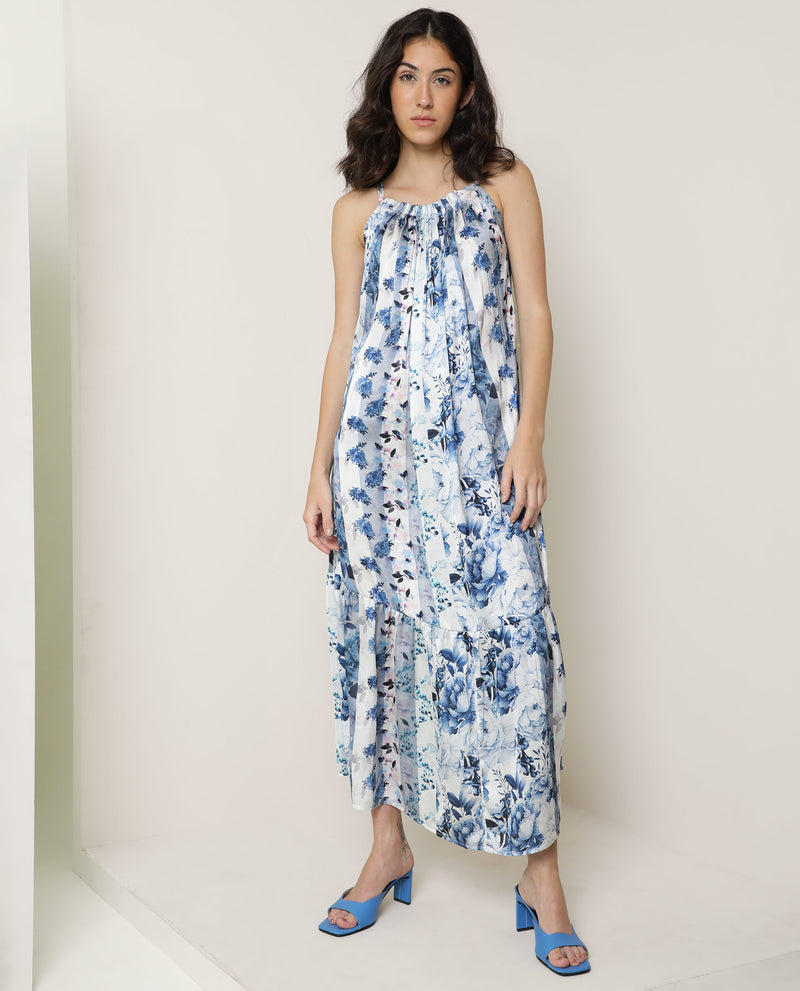 Rareism Women'S Macy Light Blue Polyester Fabric Sleeveless Shoulder Straps Regular Fit Floral Print Maxi Dress