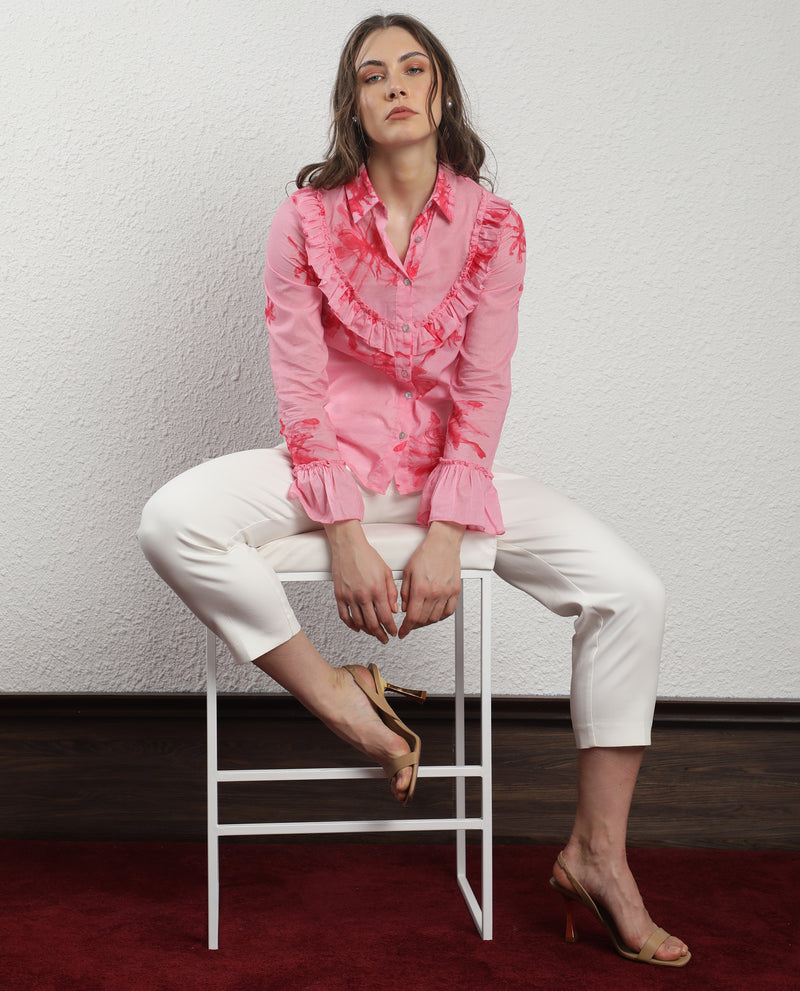 Rareism Women'S Lenora Light Pink Cotton Fabric Full Sleeves Button Closure Shirt Collar Ruffled Sleeves Regular Fit Floral Print Top