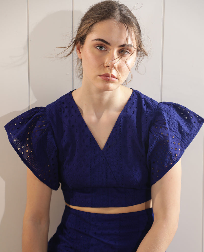 Rareism Women'S Marisa Flouroscent Blue Cotton Fabric Regular Fit Cropped V-Neck Half Sleeves Solid Top