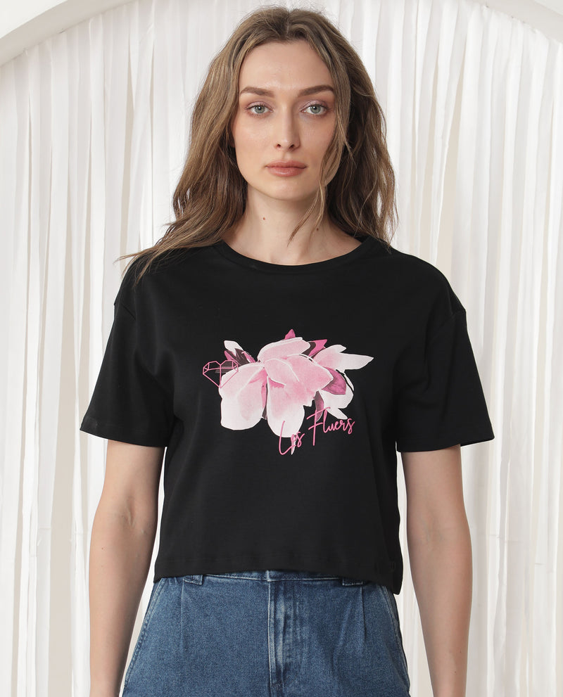 Rareism Women'S Ictor Black Cotton Fabric Short Sleeves Crew Neck Regular Fit Graphic Print T-Shirt