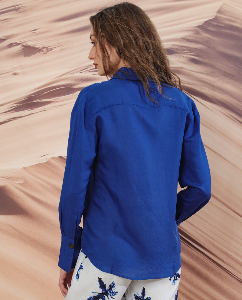 Rareism Women'S Harper Flouroscent Blue Modal Fabric Regular Fit Shirt Collar Full Sleeves Solid Top