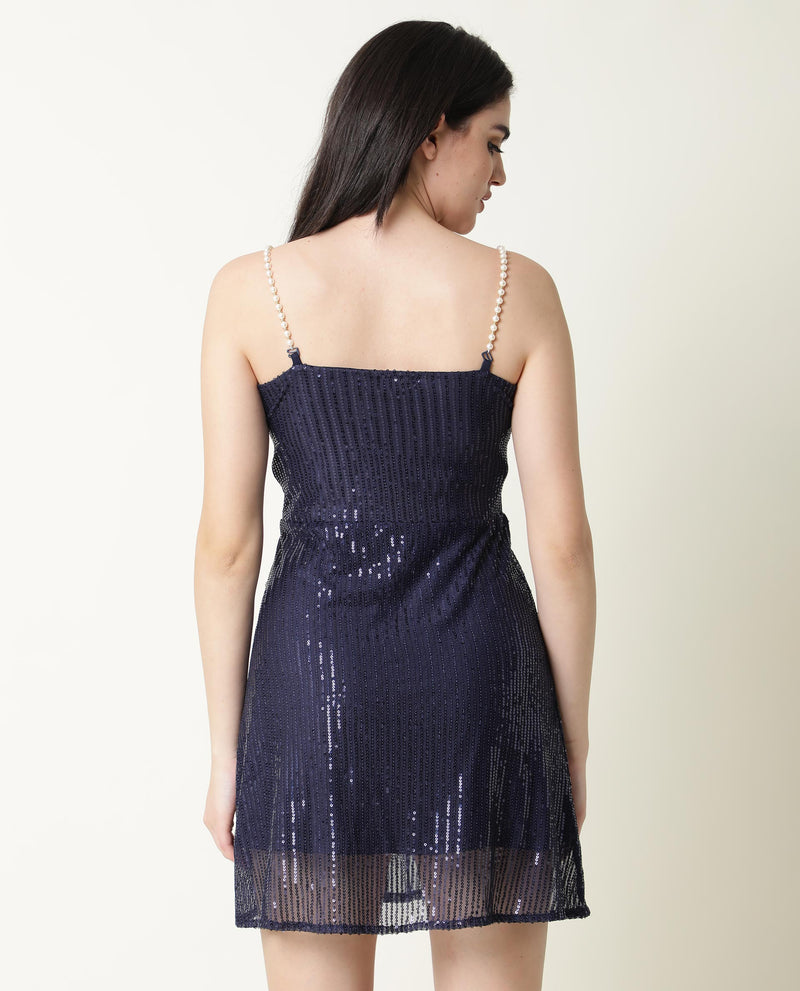 Rareism Women'S Lovez Dark Blue V Neck Detachable Shoulder Pearl Straps Sequin Party Mini Dress