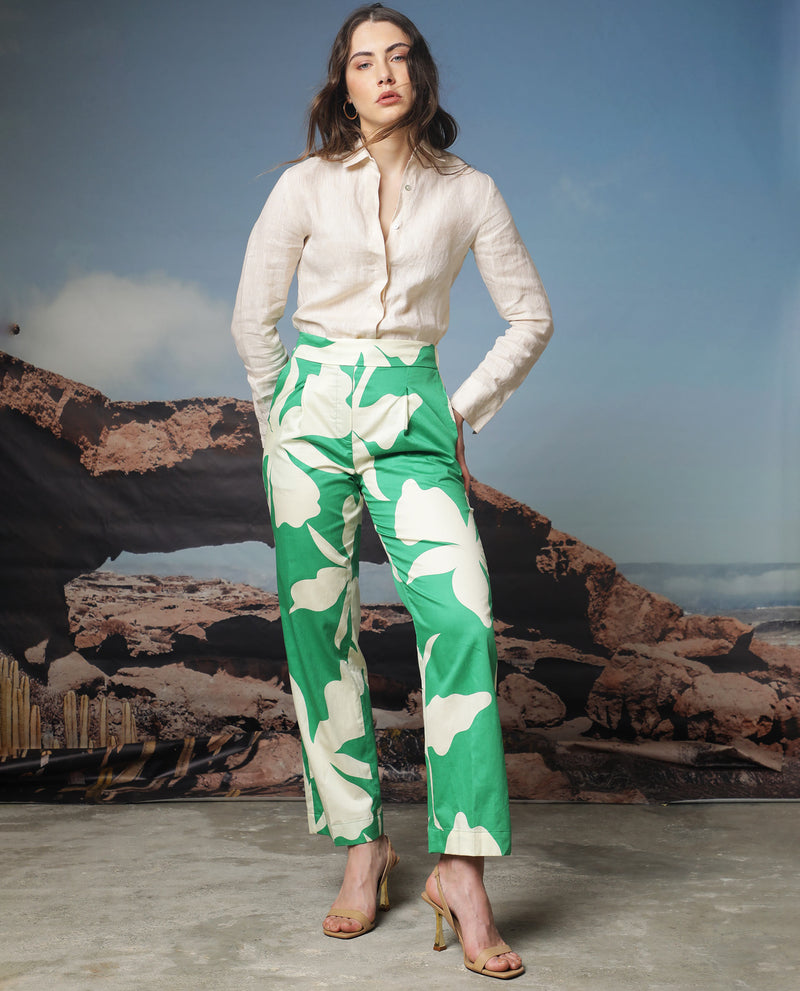 Rareism Women'S Slag Green Cotton Fabric Relaxed Fit Floral Print Ankle Length Trousers