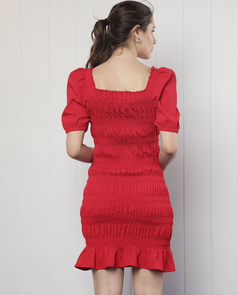 Rareism Women'S Ammo Red Viscose Fabric Short Sleeves Square Neck Puff Sleeve Regular Fit Plain Knee Length Flared Dress