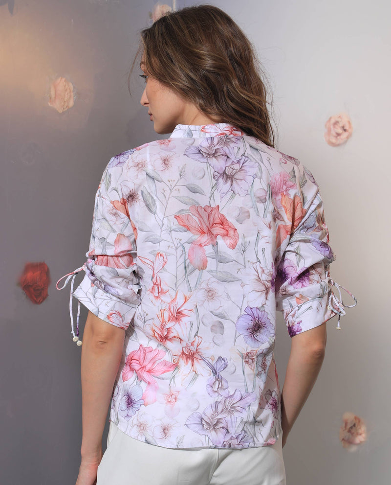 Rareism Women'S Roxy Multi Cotton Fabric Short Sleeves Button Closure Mandarin Collar Regular Fit Floral Print Top