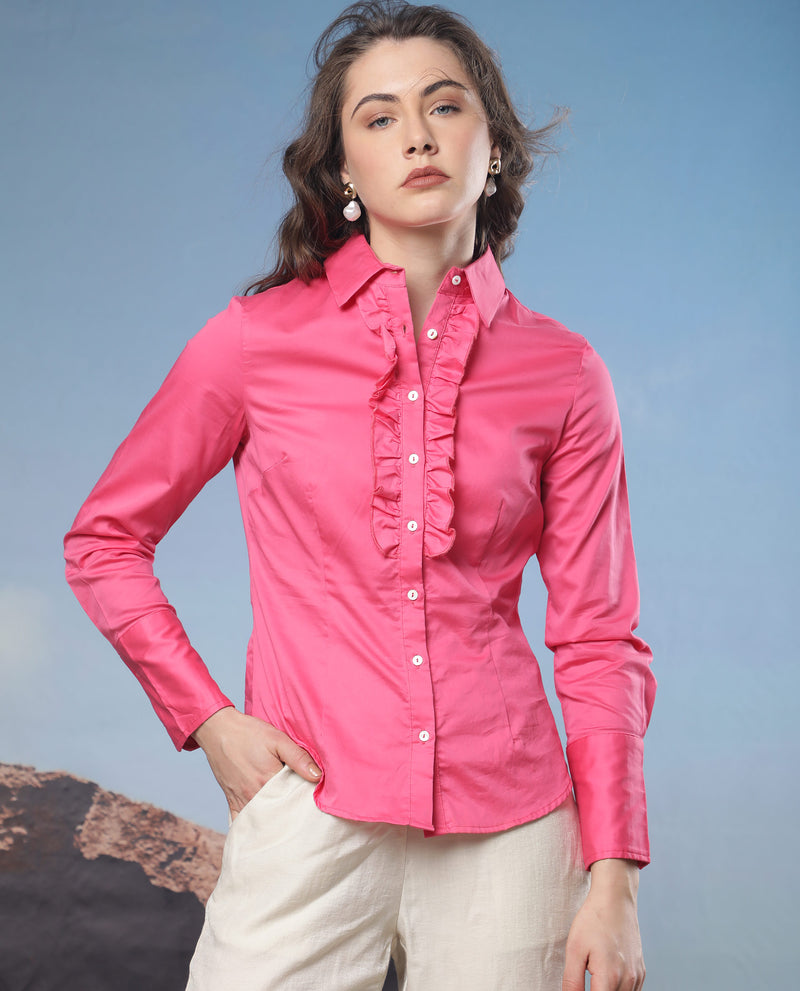 Rareism Women'S Aubrey Light Pink Cotton Fabric Regular Fit Shirt Collar Full Sleeves Solid Top