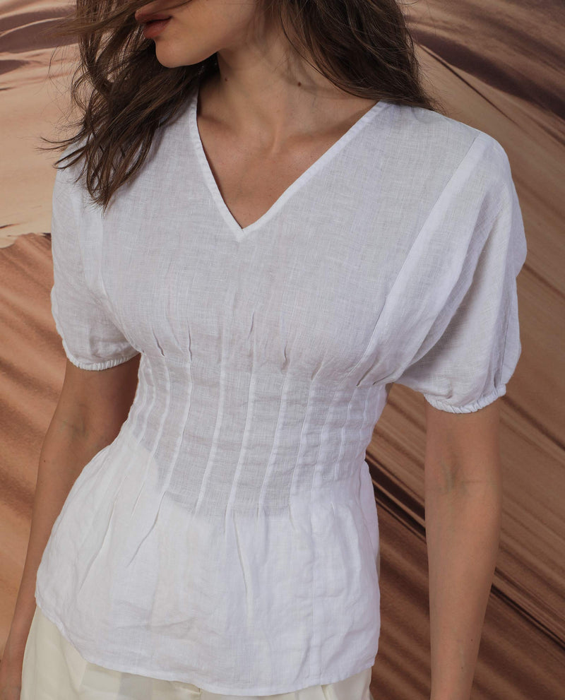 Rareism Women'S Perdue White Linen Fabric Short Sleeves V-Neck Puff Sleeve Regular Fit Plain Top