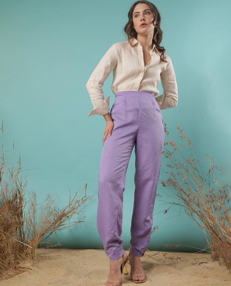 Rareism Women'S Erin Pastel Purple Modal Linen Fabric Tailored Fit Plain Ankle Length Trousers