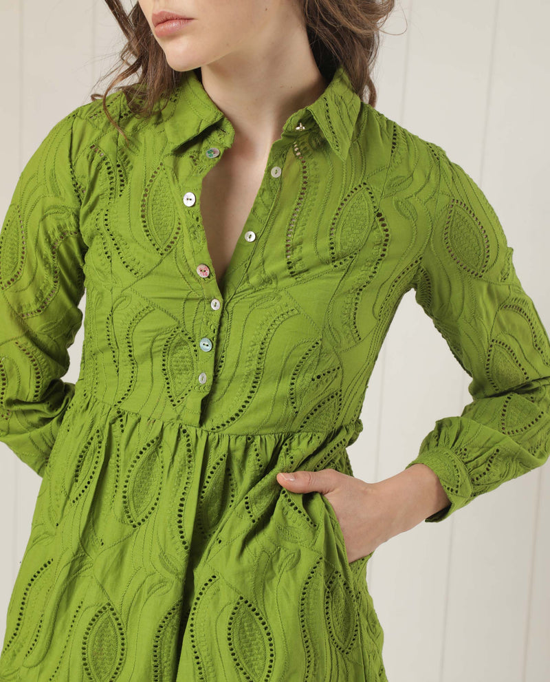 Rareism Women'S Darcy Green Cotton Fabric Full Sleeves Button Closure Shirt Collar Slim Fit Schiffili Knee Length Empire Dress