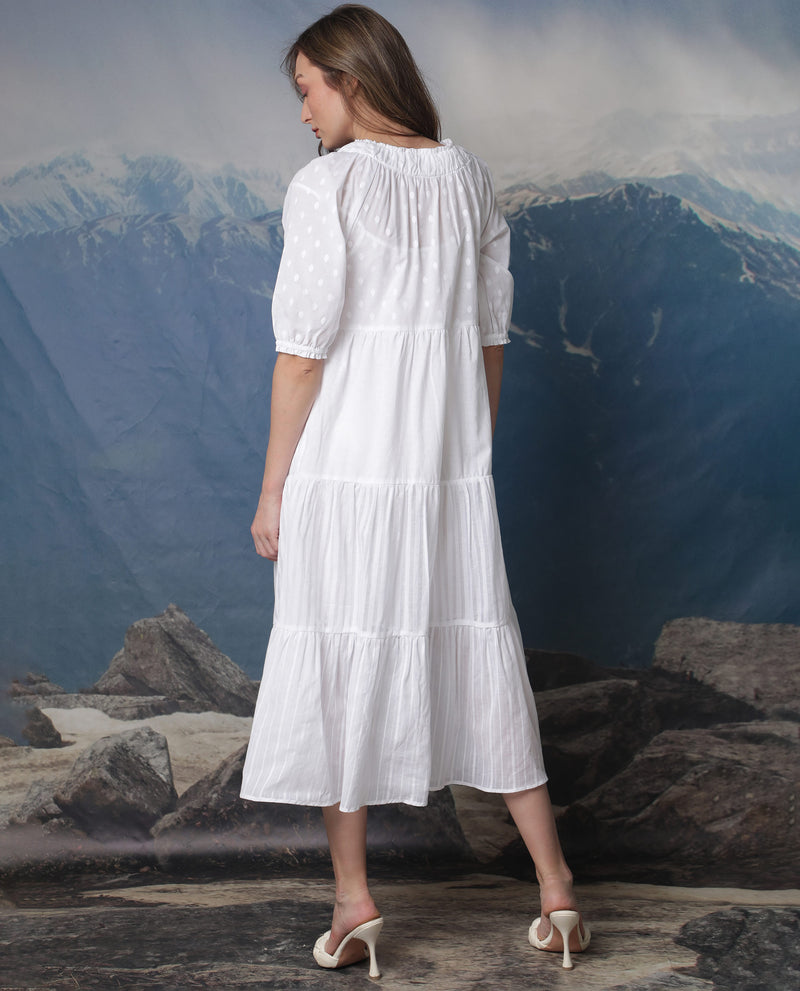 Rareism Women'S Myle White Cotton Fabric Short Sleeves Tie-Up Neck Puff Sleeve Regular Fit Plain Knee Length Tiered Dress