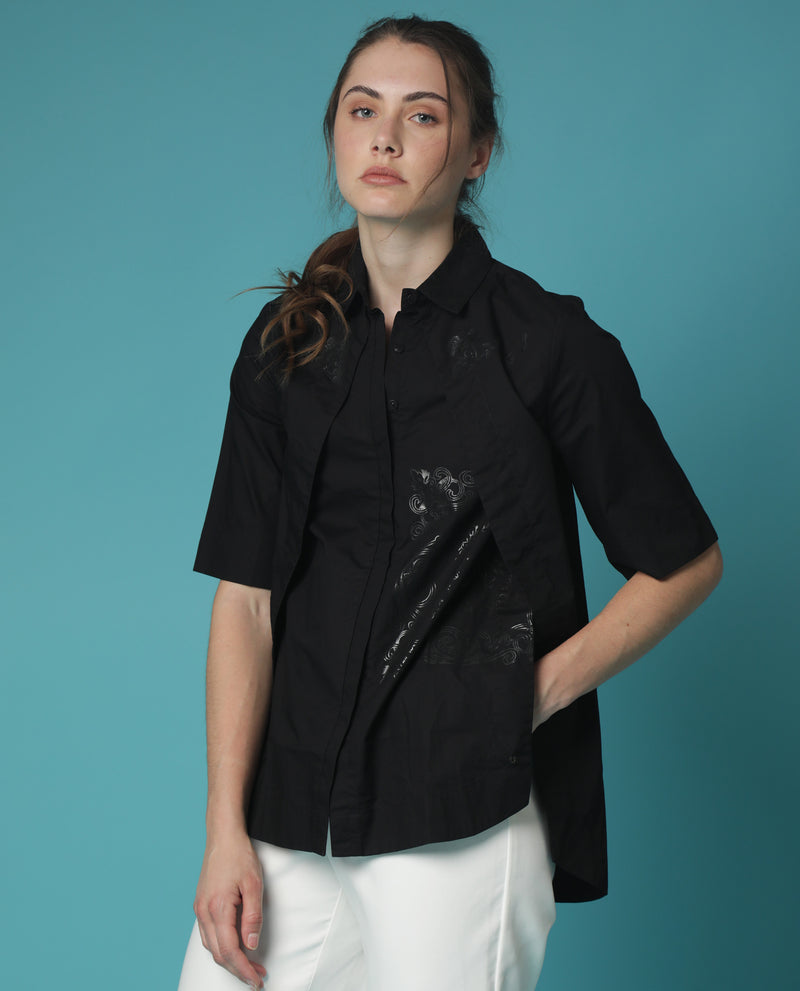 Rareism Women'S Flick Black Cotton Fabric Regular Fit Shirt Collar Half Sleeves Solid Top