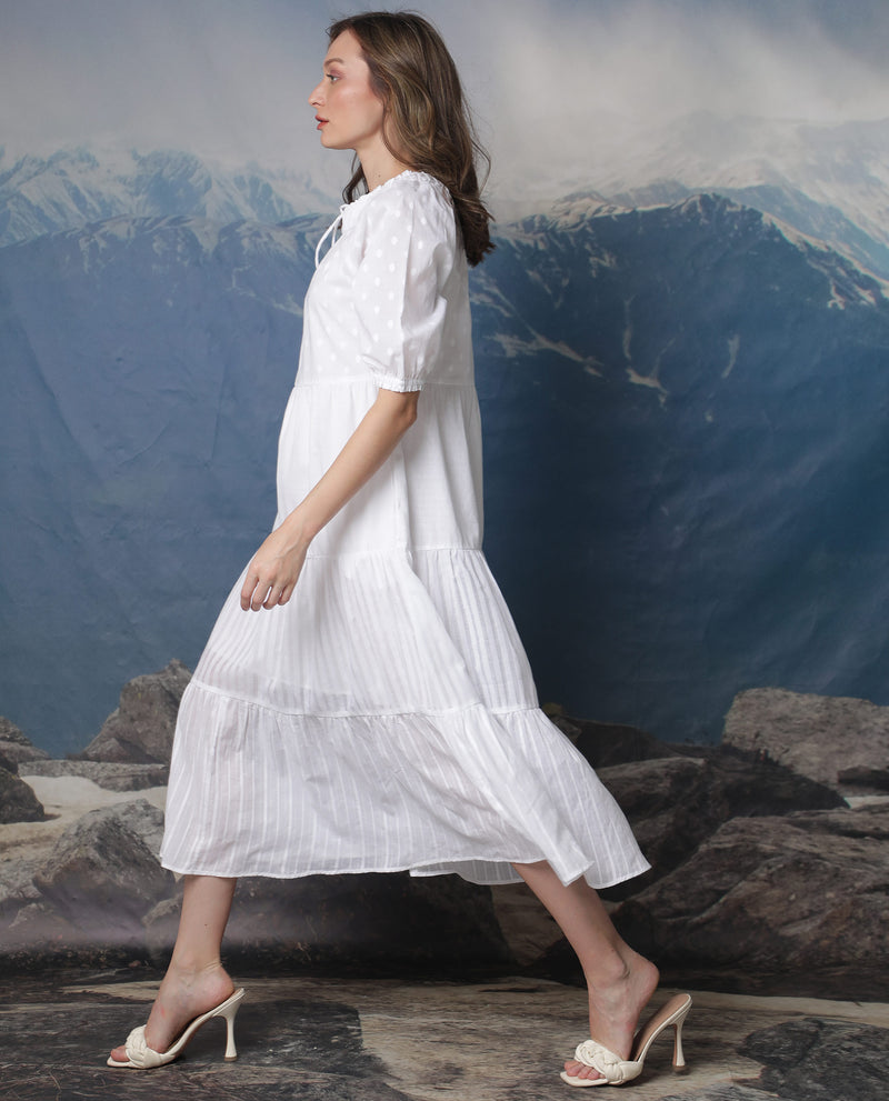 Rareism Women'S Myle White Cotton Fabric Short Sleeves Tie-Up Neck Puff Sleeve Regular Fit Plain Knee Length Tiered Dress